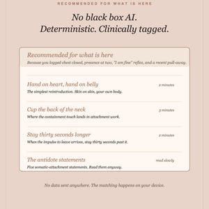 Pode incluir: Um cart&atilde;o informativo rosa claro intitulado Recommended for what is here, apresentando texto sobre No black box AI e uma lista de exerc&iacute;cios som&aacute;ticos, incluindo Hand on heart, hand on belly, Cup the back of the neck, Stay thirty seconds longer e The antidote statements.
