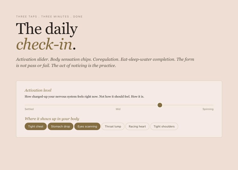 May include: A digital interface with the text "The daily check-in." The interface includes an activation slider and options for body sensations like "Tight chest" and "Stomach drop." The background is a soft beige color.
