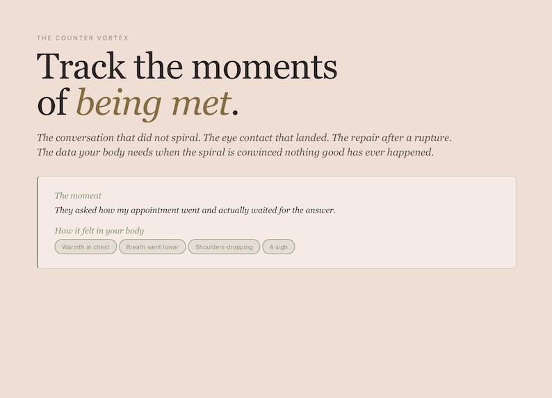 May include: A digital graphic with text that reads "Track the moments of being met." The text is in a serif font, with the words "being met" in a contrasting color. The image includes a section describing a moment and how it felt in the body.