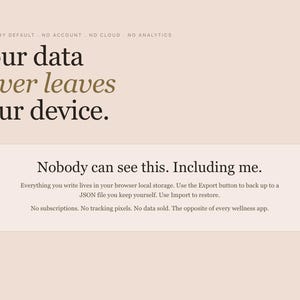 May include: A digital graphic with text on a light pink background. The text reads "Your data never leaves your device." and "Nobody can see this. Including me." Additional text explains data privacy and local storage.