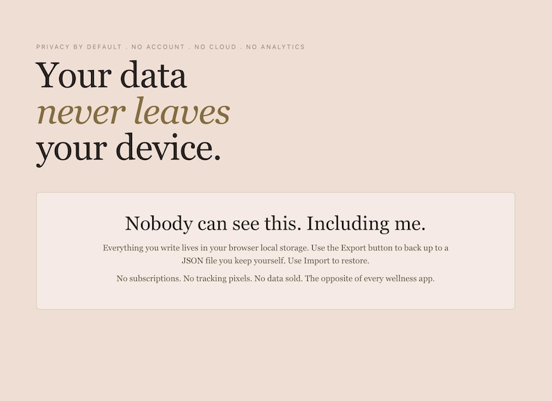 May include: A digital graphic with text on a light pink background. The text reads "Your data never leaves your device." and "Nobody can see this. Including me." Additional text explains data privacy and local storage.