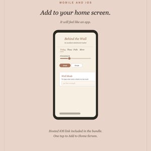 Pode incluir: Uma interface digital na tela de um smartphone exibindo o texto Mobile and IOS, Add to your home screen, It will feel like an app, Behind the Wall, An accident attachment tracker, Today, Thaw, Pulls, More, Presence, chest, throat, Wall Mode e one line is enough.