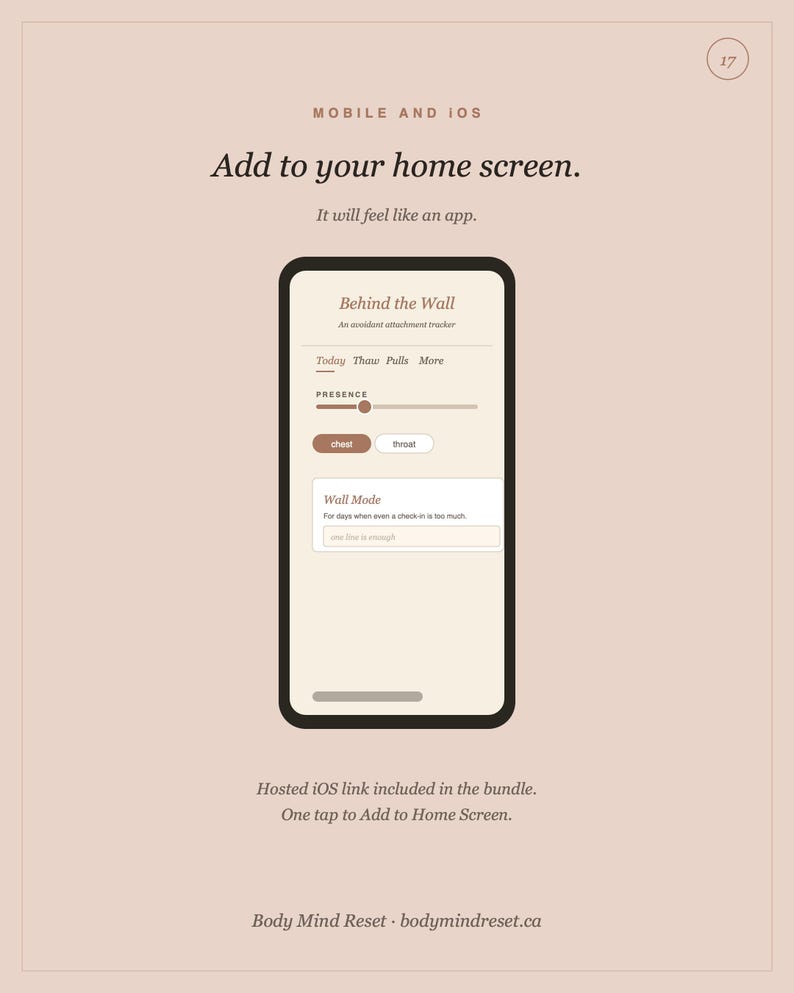 Pode incluir: Uma interface digital na tela de um smartphone exibindo o texto Mobile and IOS, Add to your home screen, It will feel like an app, Behind the Wall, An accident attachment tracker, Today, Thaw, Pulls, More, Presence, chest, throat, Wall Mode e one line is enough.