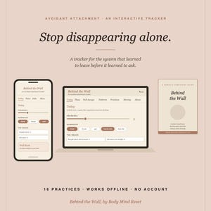Pode incluir: Um rastreador interativo digital intitulado Behind the Wall, apresentando um telem&oacute;vel e um ecr&atilde; de computador com interfaces de rastreio, juntamente com um guia. O texto inclui Stop disappearing alone e 16 practices.