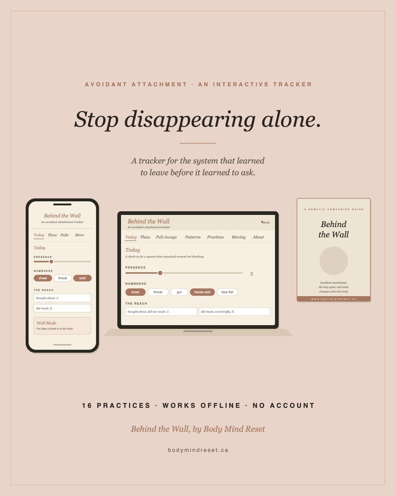 Pode incluir: Um rastreador interativo digital intitulado Behind the Wall, apresentando um telem&oacute;vel e um ecr&atilde; de computador com interfaces de rastreio, juntamente com um guia. O texto inclui Stop disappearing alone e 16 practices.