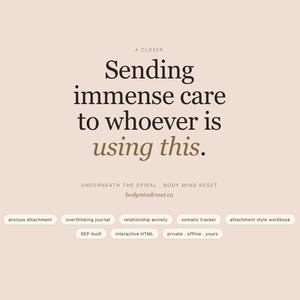 May include: A digital graphic with the text "Sending immense care to whoever is using this." The text is in black and gold on a light pink background. Additional text includes "UNDERNEATH THE SPIRAL, BODY MIND RESET, bodymindreset.ca."