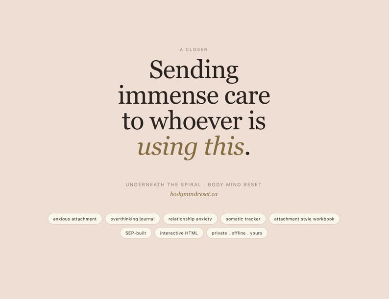 May include: A digital graphic with the text "Sending immense care to whoever is using this." The text is in black and gold on a light pink background. Additional text includes "UNDERNEATH THE SPIRAL, BODY MIND RESET, bodymindreset.ca."