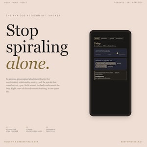 May include: A digital wellness product advertisement. The image features a smartphone displaying an app interface with the text "Today" and options for tracking anxiety. The background is a light beige with the words "Stop spiraling alone" in large, bold text.