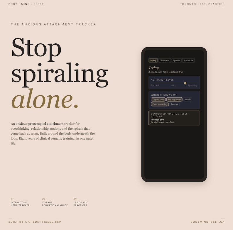 May include: A digital wellness product advertisement. The image features a smartphone displaying an app interface with the text "Today" and options for tracking anxiety. The background is a light beige with the words "Stop spiraling alone" in large, bold text.