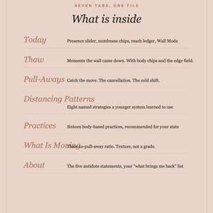 Pode incluir: Um documento informativo rosa claro intitulado Seven Tabs, One File: What is inside. Lista sete se&ccedil;&otilde;es: Today, Thaw, Pull-Aways, Distancing Patterns, Practices, What Is Moving e About, com breves descri&ccedil;&otilde;es. O rodap&eacute; exibe Body Mind Reset e bodymindreset.ca.