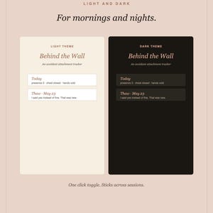 Pode incluir: Uma interface digital que mostra um alternador de tema claro e escuro para um rastreador de apego evitativo intitulado Behind the Wall. O layout inclui dois pain&eacute;is retangulares com entradas para Today e Thaw May 23, incluindo o texto Body Mind Reset bodymindreset.ca.