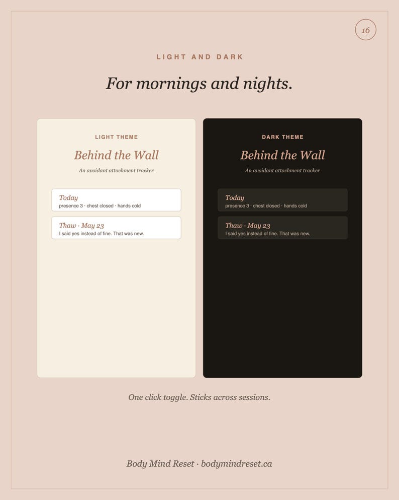 Pode incluir: Uma interface digital que mostra um alternador de tema claro e escuro para um rastreador de apego evitativo intitulado Behind the Wall. O layout inclui dois pain&eacute;is retangulares com entradas para Today e Thaw May 23, incluindo o texto Body Mind Reset bodymindreset.ca.
