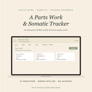 Op de afbeelding: Een digitaal scherm toont een "Parts Work & Somatic Tracker" interface. Het scherm toont een website met secties voor "Parts", "Body" en "Self". De tekst bevat "23 Practices", "Works Offline" en "No Account".