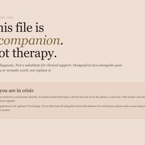 May include: A digital document with text on a light pink background. The text reads "This file is a companion. Not therapy." Additional text provides context, emphasizing it's not a substitute for clinical support. A section addresses crisis situations.
