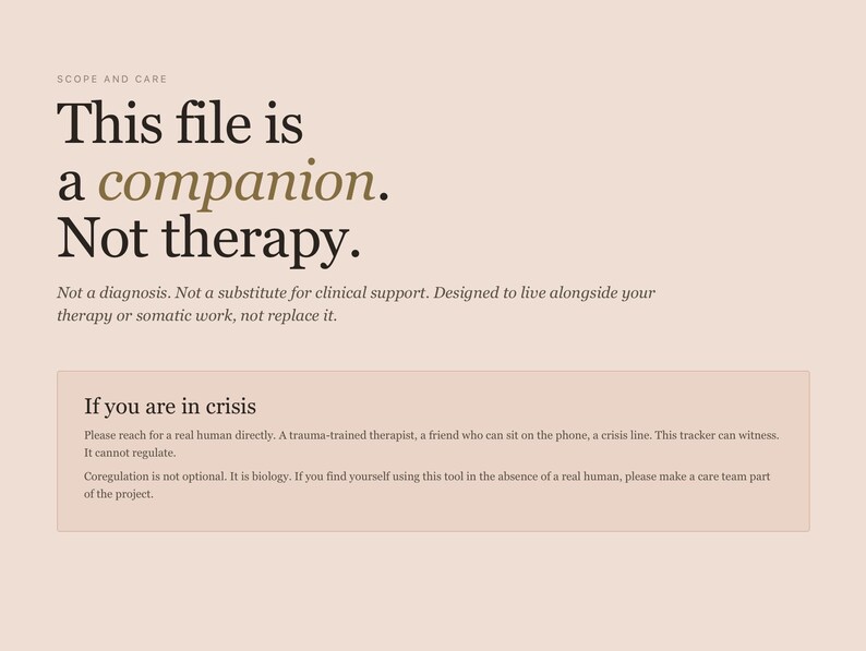 May include: A digital document with text on a light pink background. The text reads "This file is a companion. Not therapy." Additional text provides context, emphasizing it's not a substitute for clinical support. A section addresses crisis situations.
