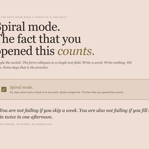May include: A digital graphic on a light beige background with the text "Spiral mode." and "The fact that you opened this counts." Additional text explains the feature. A checkmark icon is present.