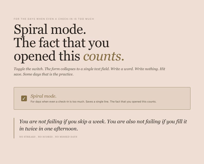 May include: A digital graphic on a light beige background with the text "Spiral mode." and "The fact that you opened this counts." Additional text explains the feature. A checkmark icon is present.