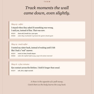 Pode incluir: Um cart&atilde;o informativo bege claro intitulado THAW com o texto Track moments the wall came down, even slightly. Lista tr&ecirc;s entradas datadas com observa&ccedil;&otilde;es corporais e de limites, terminando com A thaw is the opposite of a pull-away.
