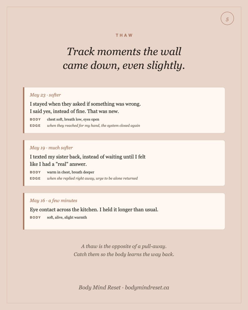 Pode incluir: Um cart&atilde;o informativo bege claro intitulado THAW com o texto Track moments the wall came down, even slightly. Lista tr&ecirc;s entradas datadas com observa&ccedil;&otilde;es corporais e de limites, terminando com A thaw is the opposite of a pull-away.