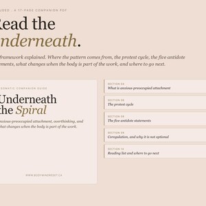May include: A beige and cream-colored guide titled "Read the underneath." The guide includes the text "Underneath the Spiral" and details on anxious-preoccupied attachment, overthinking, and the body's role. Sections include the protest cycle and antidote statements.