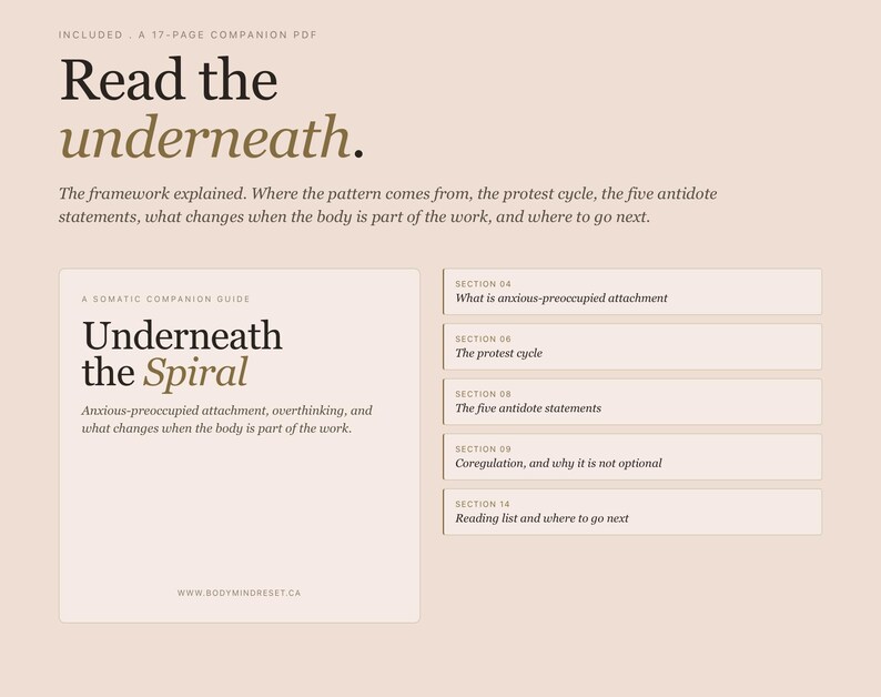 May include: A beige and cream-colored guide titled "Read the underneath." The guide includes the text "Underneath the Spiral" and details on anxious-preoccupied attachment, overthinking, and the body's role. Sections include the protest cycle and antidote statements.