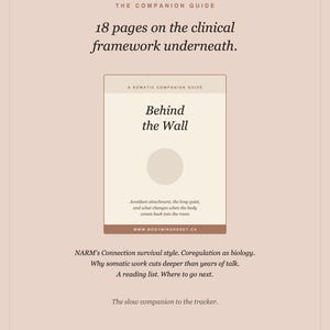 Pode incluir: Um documento informativo bege intitulado The Companion Guide, com o texto 18 pages on the clinical framework underneath. Exibe uma capa de livro central intitulada Behind the Wall, com texto adicional sobre o NARM's Connection survival style.