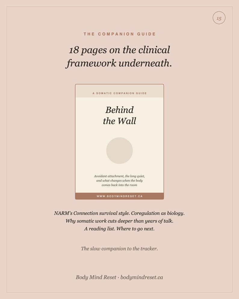Pode incluir: Um documento informativo bege intitulado The Companion Guide, com o texto 18 pages on the clinical framework underneath. Exibe uma capa de livro central intitulada Behind the Wall, com texto adicional sobre o NARM's Connection survival style.
