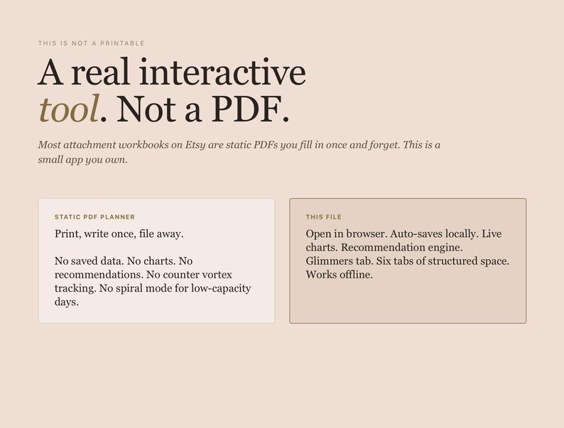 May include: A digital product advertisement with text that reads "A real interactive tool. Not a PDF." The image has a beige background with two text boxes. One box says "Print, write once, file away." The other box says "Open in browser. Auto-saves locally."