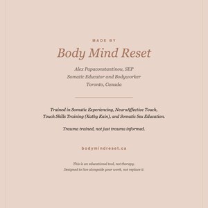 Pode incluir: Um cart&atilde;o informativo rosa claro com o texto MADE BY Body Mind Reset, Alex Papaconstantinou, SEP, Somatic Educator and Bodyworker, Toronto, Canada, e uma lista de credenciais de forma&ccedil;&atilde;o, incluindo Somatic Experiencing e NeuroAffective Touch.