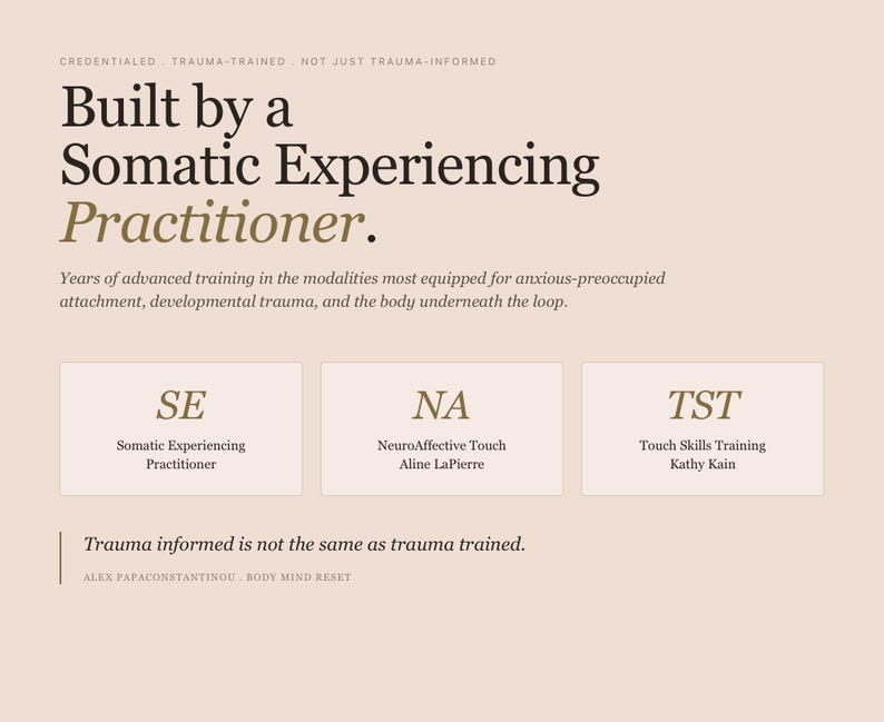 May include: A beige graphic with text that reads "Built by a Somatic Experiencing Practitioner." It also includes the text "SE Somatic Experiencing Practitioner," "NA NeuroAffective Touch Aline LaPierre," and "TST Touch Skills Training Kathy Kain."