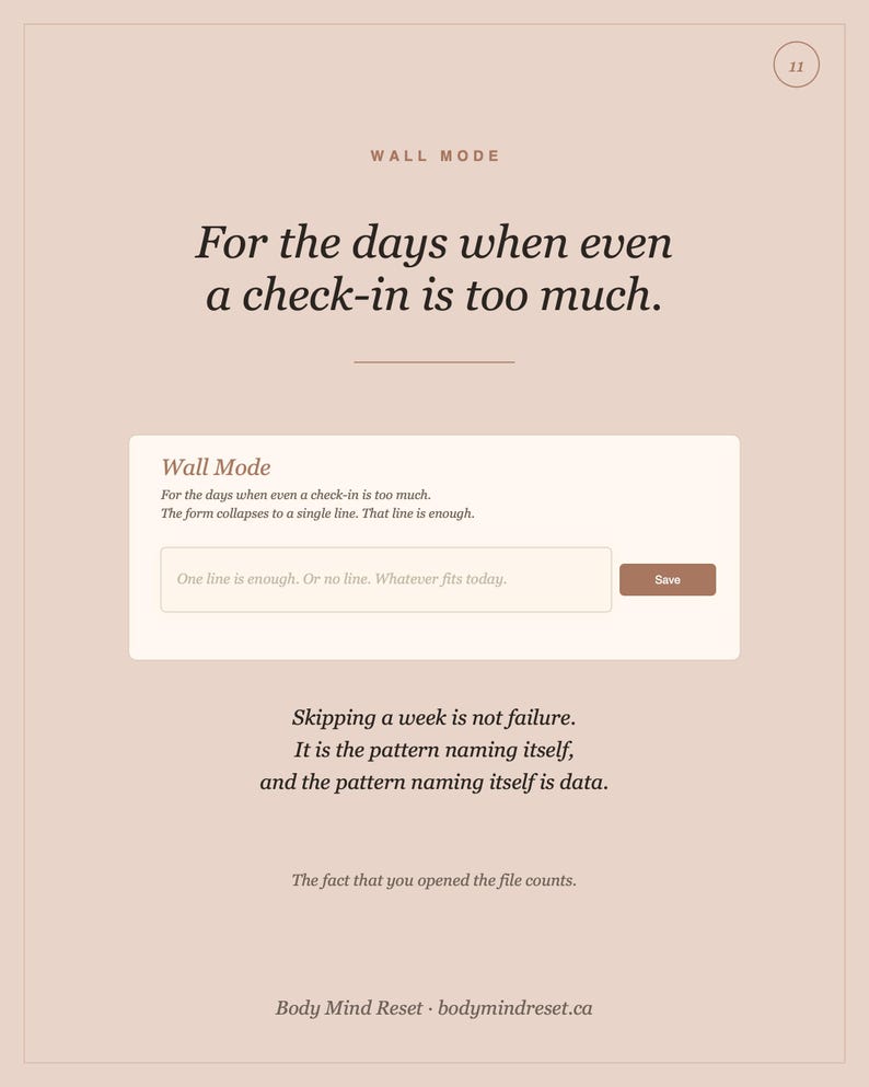 Pode incluir: Uma p&aacute;gina de interface digital bege claro intitulada Wall Mode. Cont&eacute;m o texto: For the days when even a check-in is too much. Uma caixa central inclui um campo de entrada com o texto: One line is enough. Or no line. Whatever fits today. e um bot&atilde;o Save castanho. Abaixo, o texto diz: Skipping a week is not failure. It is the pattern naming itself, and the pattern naming itself is data. The fact that you opened the file counts. Body Mind Reset bodymindreset.ca.