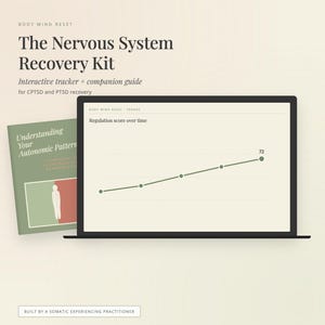 May include: A laptop displays a line graph showing a trend over time, with the text "Regulation score over time." Beside it is a book titled "Understanding Your Autonomic Pattern." The text "The Nervous System Recovery Kit" is at the top.