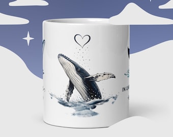 HOPE Mok | Witte, glanzende mok met een print van drie walvissen