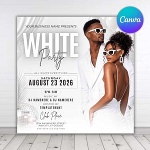 Plantilla elegante para folleto de fiesta totalmente blanca / Invitación editable en Canva / Invitación para evento de fiesta blanca / Folleto para noche de club / Descarga digital