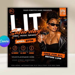 Puede incluir: Un folleto promocional para un evento de s&aacute;bado por la noche, con la palabra "LIT" en letras blancas grandes. El folleto incluye detalles sobre m&uacute;sica, bebidas y la fecha, 27 de abril. Una mujer con gafas de sol sostiene una bebida.