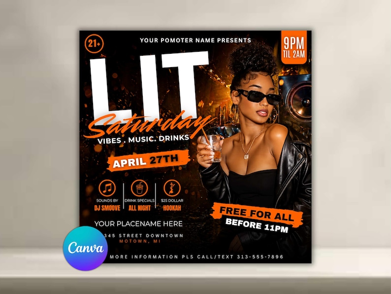 Puede incluir: Un cartel promocional para un evento de s&aacute;bado por la noche, con la palabra "LIT" en letras blancas grandes. El cartel incluye detalles del evento como la fecha, la hora y el lugar, junto con una foto de una mujer con gafas de sol y una bebida.