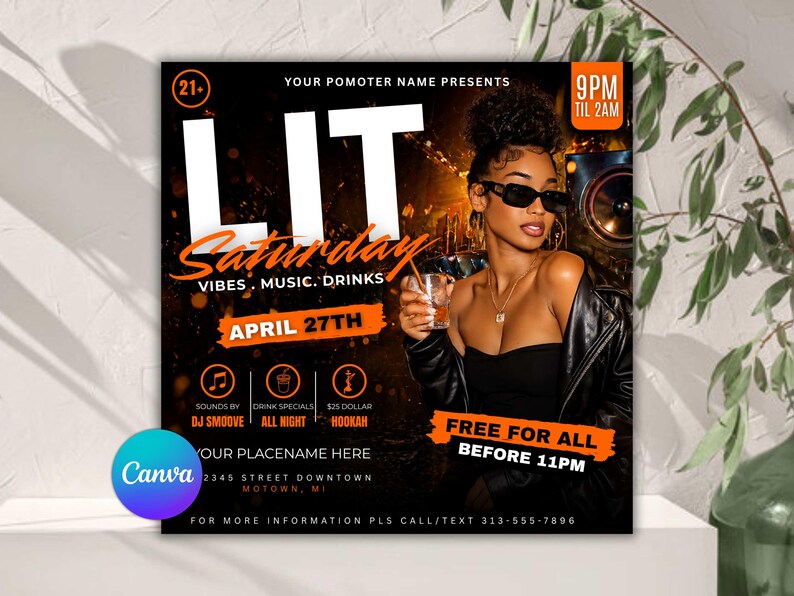 Puede incluir: Un folleto promocional para un evento de s&aacute;bado por la noche. El folleto presenta la palabra "LIT" en letras blancas grandes, con "Saturday" en escritura naranja. Incluye detalles sobre m&uacute;sica, bebidas y la fecha, 27 de abril. Una mujer con gafas de sol sostiene una bebida.