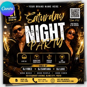 Plantilla de Canva para folleto de fiesta de sábado por la noche / Folleto editable para eventos de discoteca / Folleto para noche de DJ / Folleto para discoteca de lujo / Promoción de fiesta VIP
