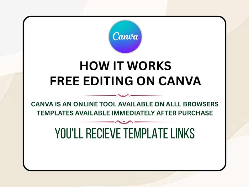 Puede incluir: Gr&aacute;fico blanco con el logo de Canva y el texto "HOW IT WORKS FREE EDITING ON CANVA". El texto tambi&eacute;n indica que Canva es una herramienta en l&iacute;nea disponible en todos los navegadores y que las plantillas est&aacute;n disponibles inmediatamente despu&eacute;s de la compra.