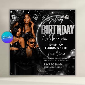 Plantilla de invitación de cumpleaños en negro y plata / Folleto de fiesta de cumpleaños glamuroso editable en Canva / Póster para fiesta de cumpleaños para adultos / Descarga digital