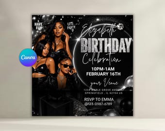 Plantilla de invitación de cumpleaños en negro y plata / Folleto de fiesta de cumpleaños glamuroso editable en Canva / Póster para fiesta de cumpleaños para adultos / Descarga digital