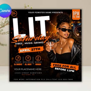 Puede incluir: Un folleto promocional para un evento de s&aacute;bado por la noche, con una mujer con gafas de sol sosteniendo una bebida. El folleto tiene la palabra "LIT" en letras blancas grandes, con "Saturday" en escritura naranja. Detalles incluyen m&uacute;sica, bebidas y la fecha 27 de abril.