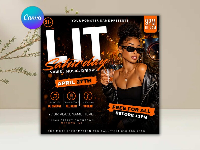 Puede incluir: Un folleto promocional para un evento de s&aacute;bado por la noche, con una mujer con gafas de sol sosteniendo una bebida. El folleto tiene la palabra "LIT" en letras blancas grandes, con "Saturday" en escritura naranja. Detalles incluyen m&uacute;sica, bebidas y la fecha 27 de abril.