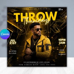 Plantilla de invitación para fiesta de jueves de sed / Folleto editable en negro y dorado para noche de DJ en Canva / Póster para evento de club / Descarga digital