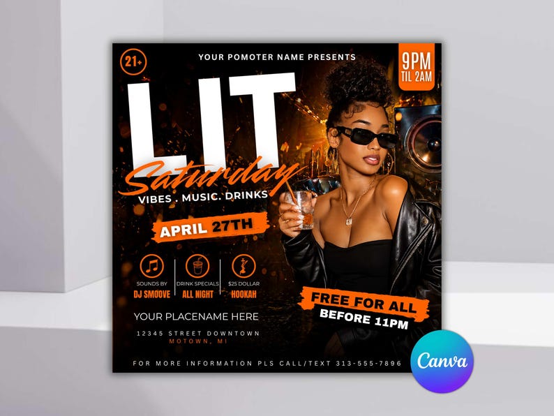 Puede incluir: Un folleto promocional para un evento de s&aacute;bado por la noche. El folleto presenta la palabra "LIT" en letras blancas grandes, con "Saturday" en escritura naranja. Incluye detalles del evento, una foto de una mujer y el texto "FREE FOR ALL BEFORE 11PM".