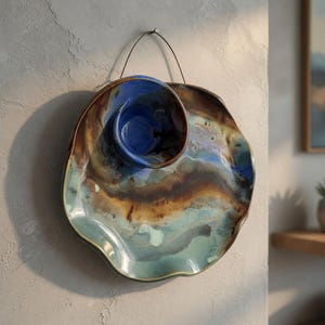 Könnte beinhalten: Eine handgefertigte Keramik-Servierschale mit integrierter Dip-Schale. Die Schale hat ein spiralförmiges Design mit einer Mischung aus blauer, brauner und grüner Glasur. Sie hängt an einer Wand und zeigt ihre einzigartige Form und Farbvariationen.