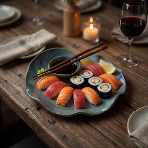 Könnte beinhalten: Ein schön angerichteter Sushi-Teller mit Lachs, Thunfisch und Sushi-Rollen, serviert mit Sojasauce und Essstäbchen. Ein Glas Rotwein und eine brennende Kerze ergänzen das Esserlebnis. Das Sushi wird auf einem blauen Teller präsentiert.