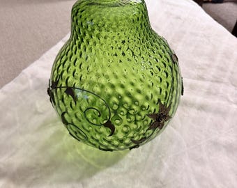 VTG Green Optic Glass Swag Lampshade Raised Gold Floral Motif