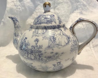 Vintage Blue White Toile Teapot, "A Special Place" Collection, Gold Trim