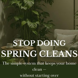 May include: An interior scene with a comfortable armchair, small round table, and lush green plants. The text "STOP DOING SPRING CLEANS" is displayed prominently, with additional text below promoting a simple home cleaning system.
